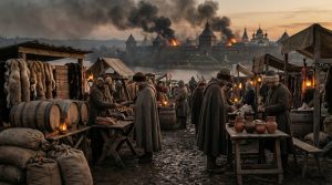 Medieval Novgorod merchant market with burning city in background — local resilience vs central collapse