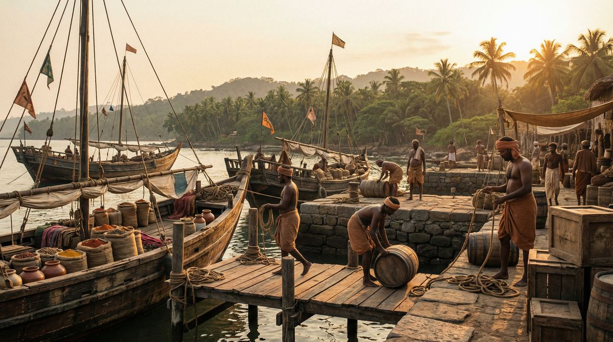 11th-century Chola Empire harbor with Tamil merchant ships and spice trade — self-reliance historical parallel