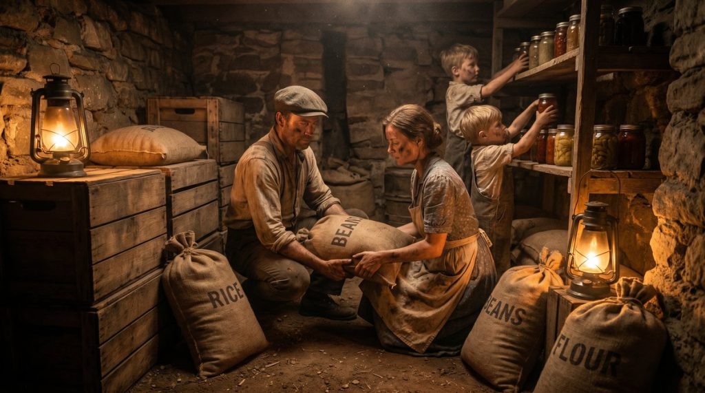 1930s Depression-era family organizing bulk dry goods in a root cellar by lantern light