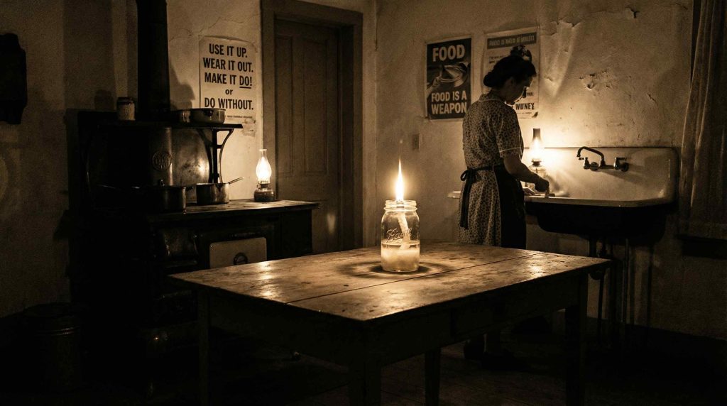 A 1940s farmhouse kitchen lit by a tallow lamp in a Mason jar, with WWII rationing posters on the wall.