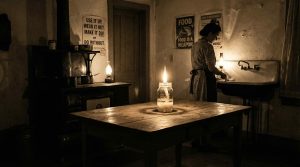 A 1940s farmhouse kitchen lit by a tallow lamp in a Mason jar, with WWII rationing posters on the wall.